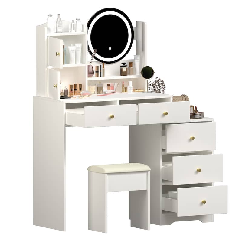 White Makeup Vanity Desk Set with LED Makeup Vanity Round Mirror & 3 Color Options, Dressing Table & Stool Set