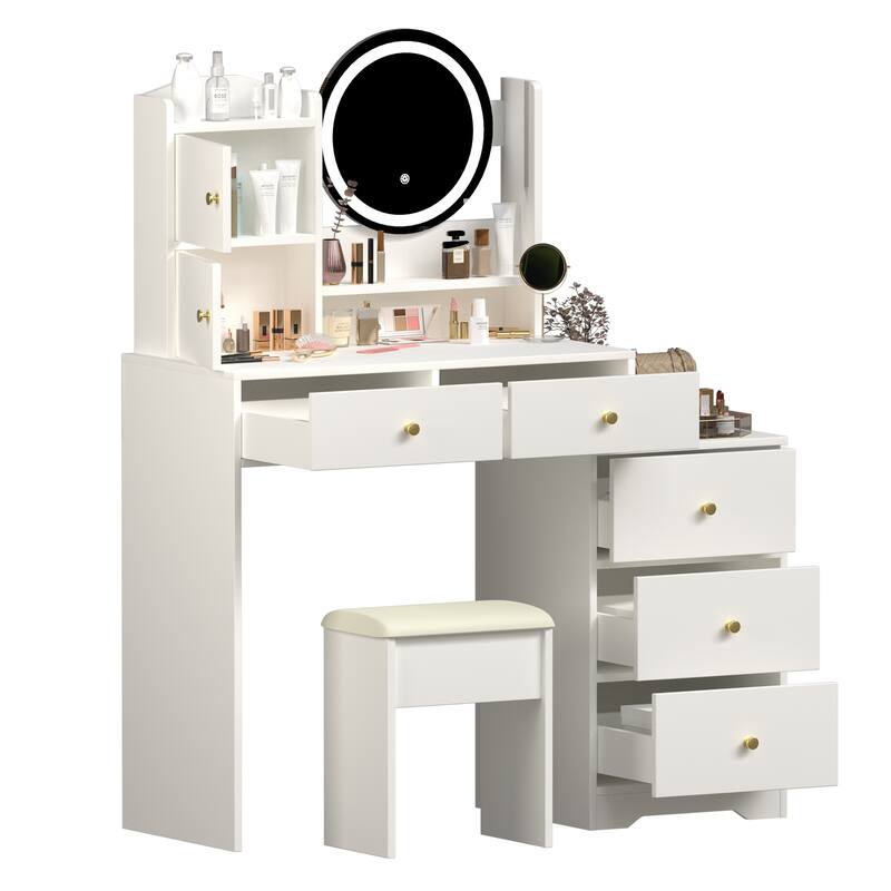 White Makeup Vanity Desk with LED Mirror 3 Lighting Options Multi-Storage Drawers Included Stool - 52.4”H