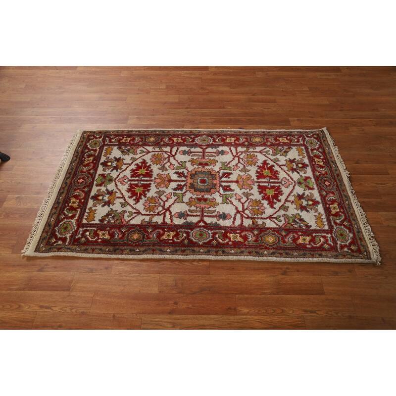 Floral Ivory Oushak Indian Foyer Rug Handmade Wool Carpet - 2'10"x 4'10"