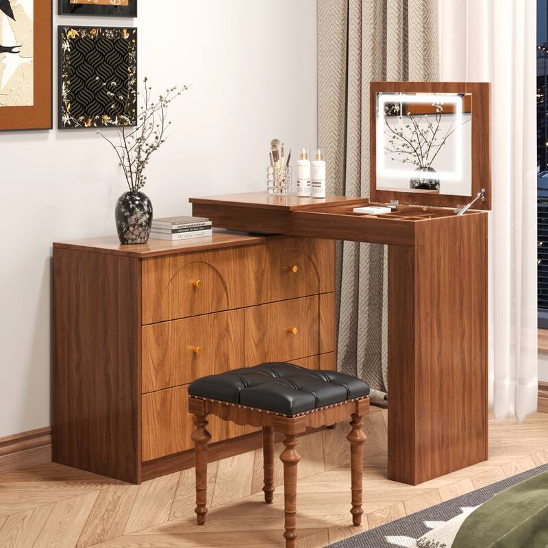 Roomfitters Makeup Vanity Table with Lighted Mirror, Flip-Top Storage Table with Seven Compartments and Nine Sections