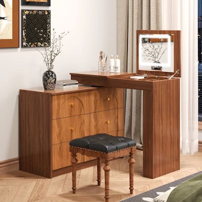 Vanity Desk with Mirror and Lights, Makeup Vanity Table with Flip-Top Tabletop
