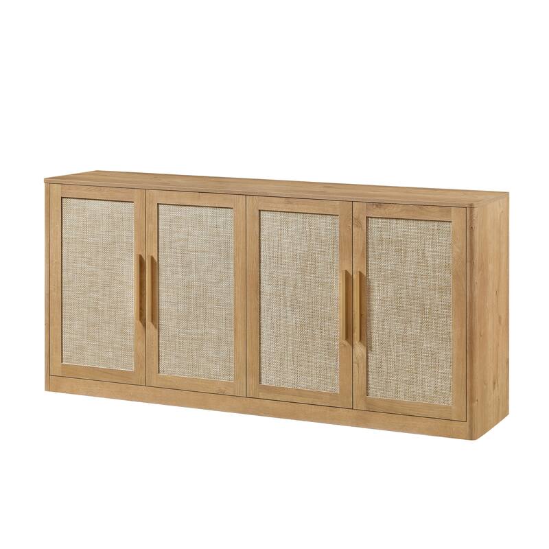 67" Rattan 4-Door Buffet Cabinet, Large Boho Sideboard Credenza for Living Room or Kitchen
