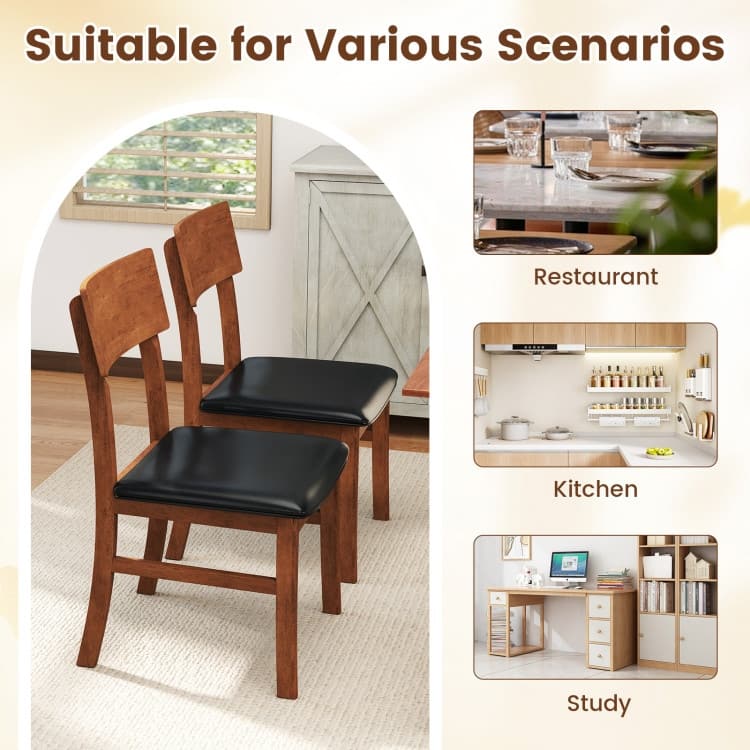 Set of 2 Black Rubber Wood PVC Leather Armless Dining Chairs with Ergonomic Cushions - 18" x 19.5" x 35"