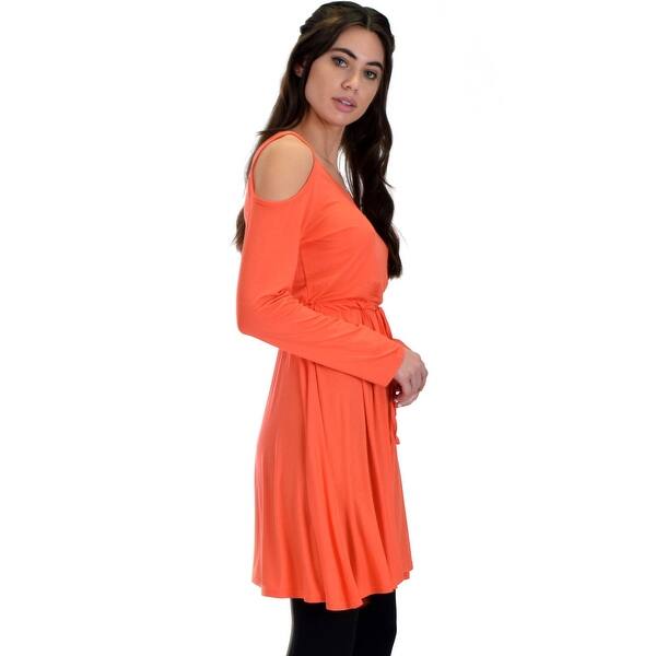 Shop Coral Long Sleeve Cold Shoulder Dress Drawstring Waist Tie