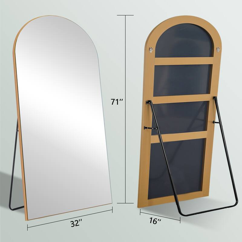Arched Floor Mirror With Stand,Wood Frame Full Length Mirror,Wall-Mounted Mirror