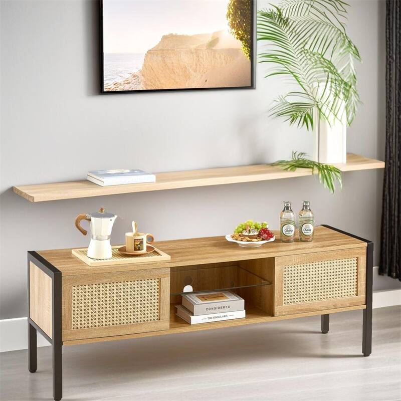 54.33" Rattan TV Console with Sliding Doors and Adjustable Shelf - 54 inches in width - Natural