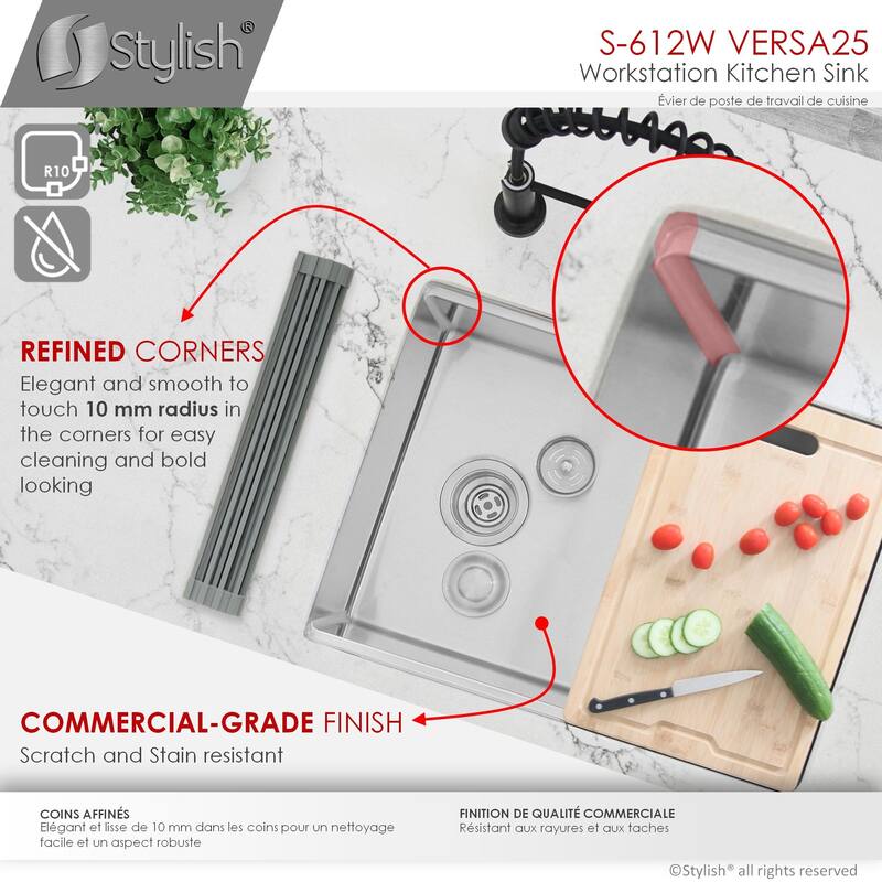 STYLISH 25 inches Workstation Single Bowl Undermount 16 Gauge Stainless Steel Kitchen Sink with Built in Accessories Handmade