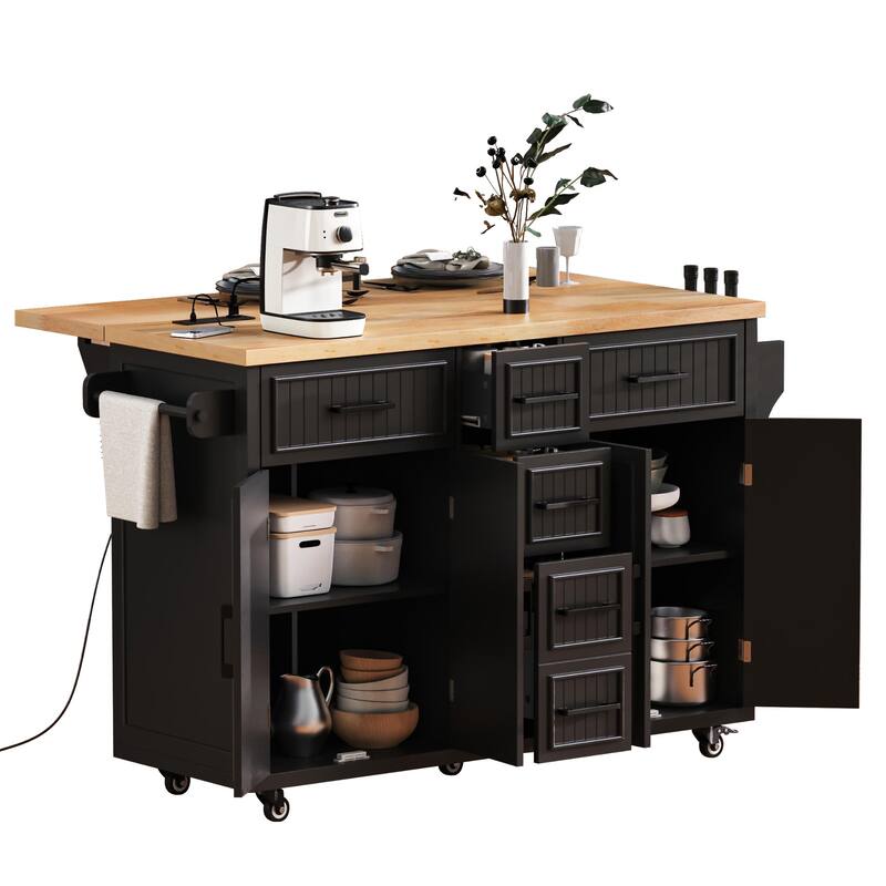 56.5'' Rubber Wood Kitchen Island with Drop Leaf, Power Outlet, Rolling Wheels, 5 Deep Drawers and Adjustable Shelves