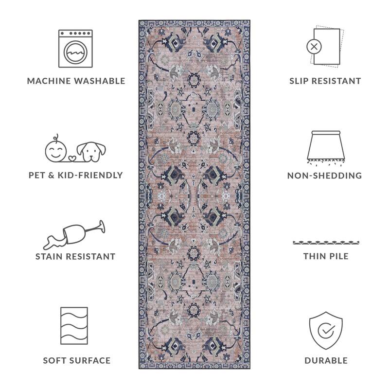 SAFAVIEH Tucson Easter Transitional Machine Washable Rug - 2'6" x 8' Runner - Light Blue/Navy