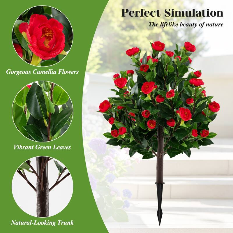 Artificial Camellia Tree Set of 2 with Red Flowers and Green Leaves for Indoor Outdoor Decor - 31"