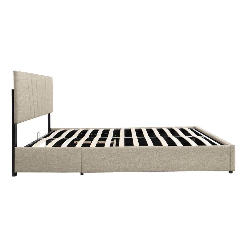Light Beige Full Upholstered Platform Bed with Lifting Storage and
