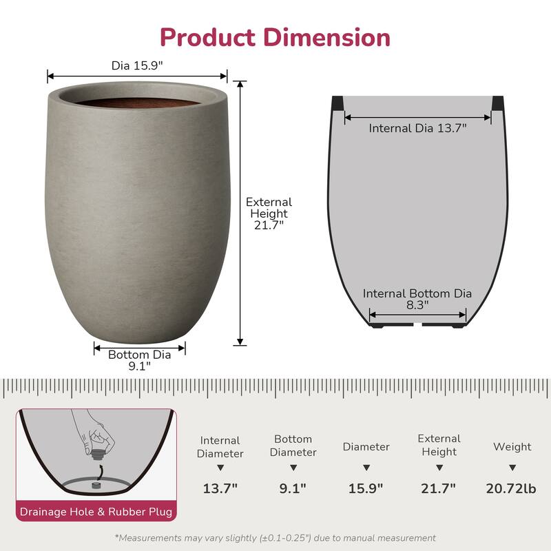 Concrete Garden Enhanced Interior Flower Planter, Modern Tall Plant Pots with Drainage Hole