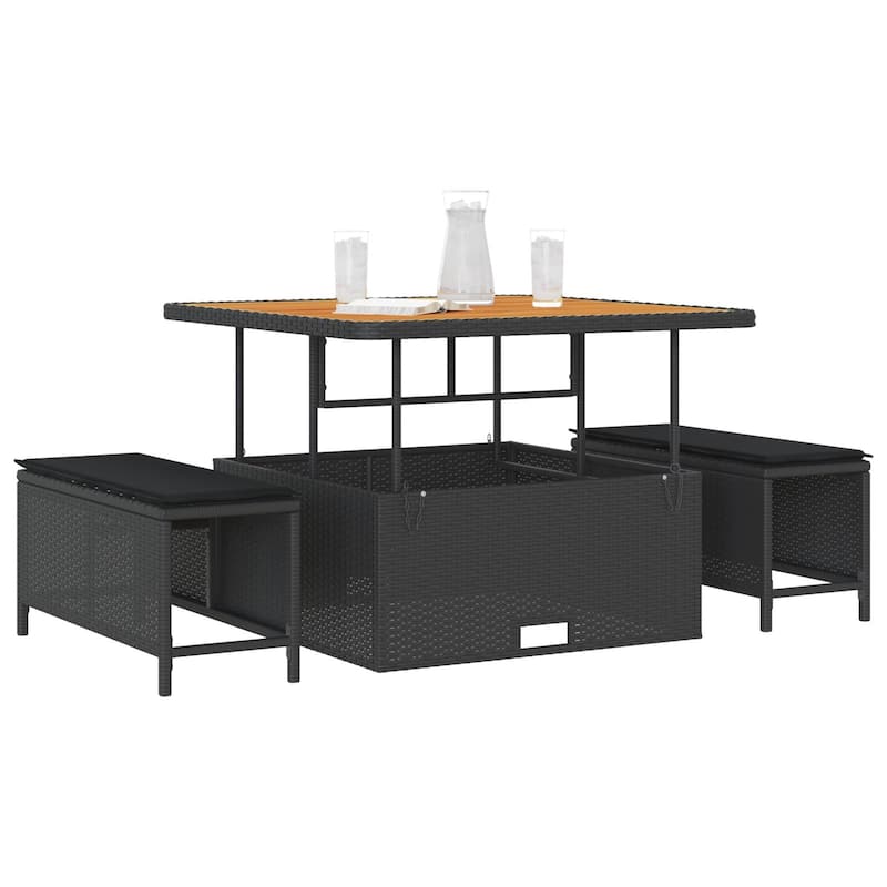 vidaXL 3/4 Piece Garden Dining Set with Cushions Black Poly Rattan Acacia