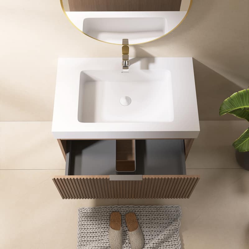 Freestanding Bathroom Vanity in Brown Oak with White Integrated Solid Surface Sink