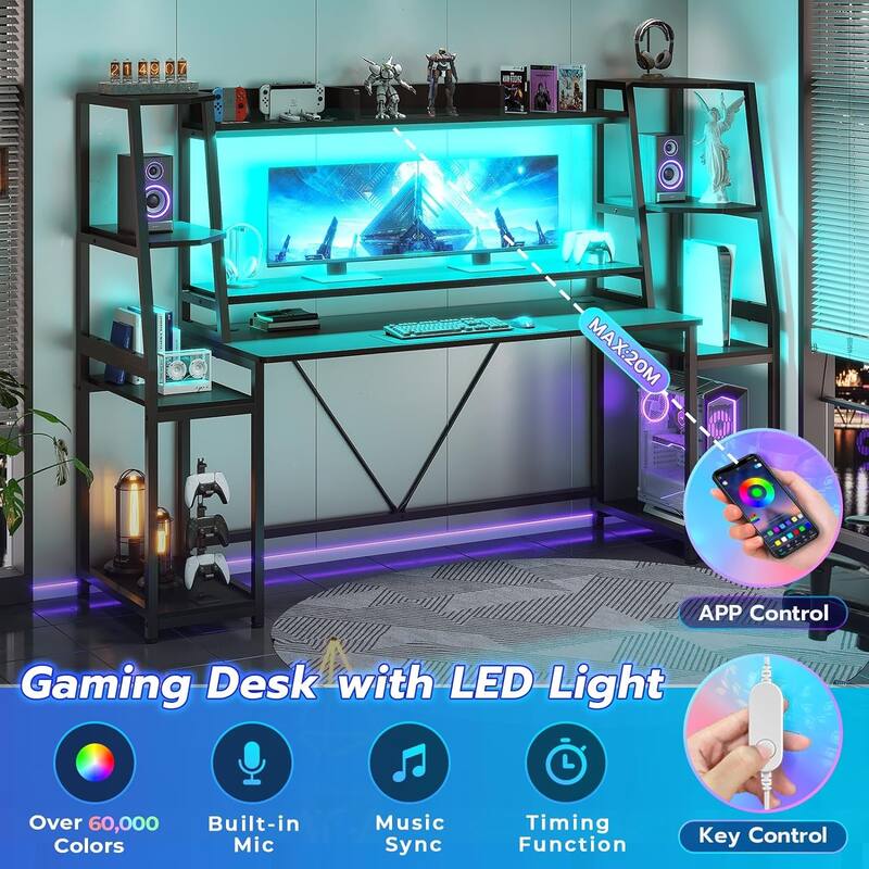 Gaming Desk LED Lights Hutch and Storage Shelves PC Gamer Desk