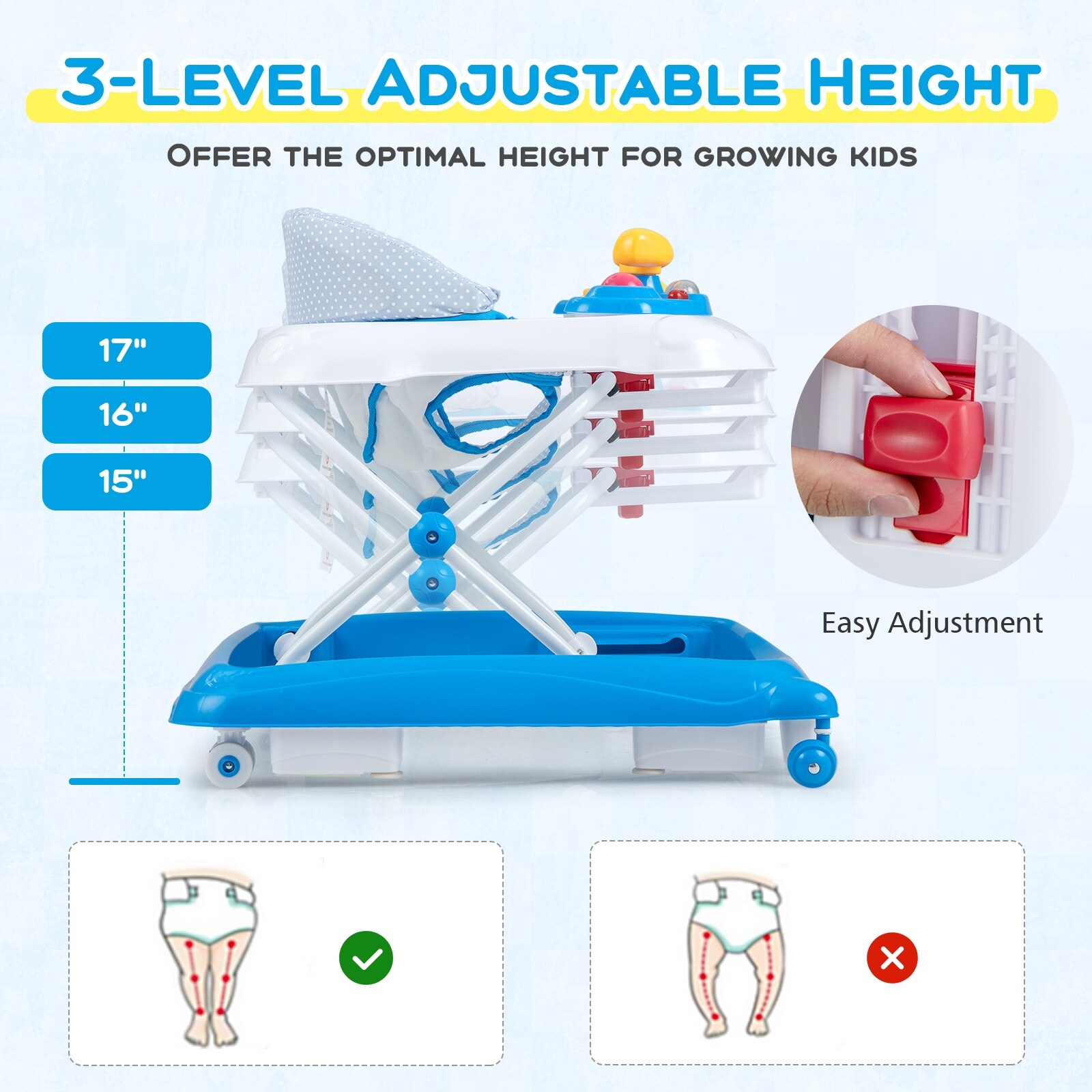 【送料無料/即納】  Foldable Baby Walker with 3 Adjustable Heights and Padded バット