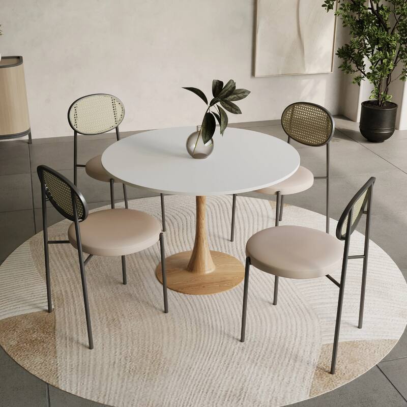 Bristol 31" Round Dining Table with Sintered Stone Top and Natural Wood Steel Pedestal Base for Modern Kitchen and Dining Room