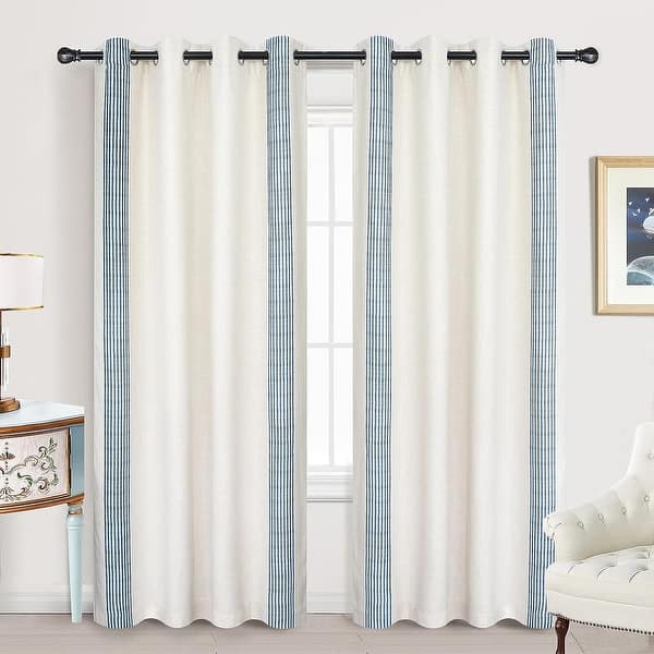 slide 2 of 9, DriftAway Cabana Stripe Linen Textured Farmhouse Blackout Window Curtains - 52" Width X 84" Length Jean Navy - 52" Width X 84" Length