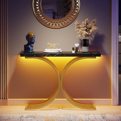 43" Modern Console Table with Gold Base, Geometric Entryway Sofa Table for Living Room Faux Marble, Gold