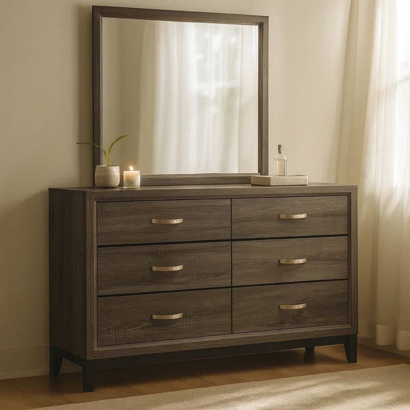Mela 2pc Wide Dresser and Mirror Set, 6 Drawers, Gray Oak Wood