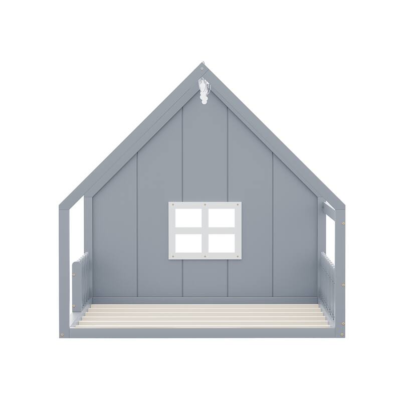 Full Size Wood House Bed with Window and Fence, Gray