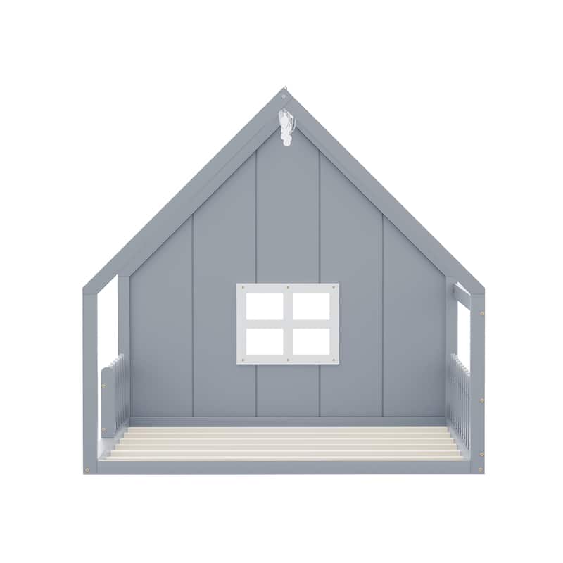 Roomfitters Full Size Wood House Bed with Window and Fence Design