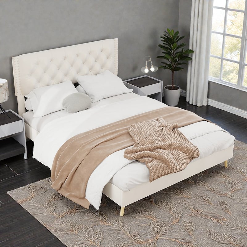 Suede Velvet Upholstered Bed Frame with Tufted Headboard, Soft Platform Bed for Master Bedroom