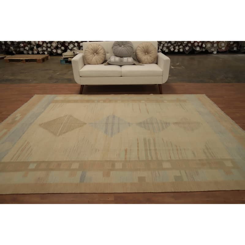 Hand Woven Oriental 100% Wool Carpet Southwestern Tribal Beige & Ivories Kilim Area Rug - 9' 9'' X 7' 8''
