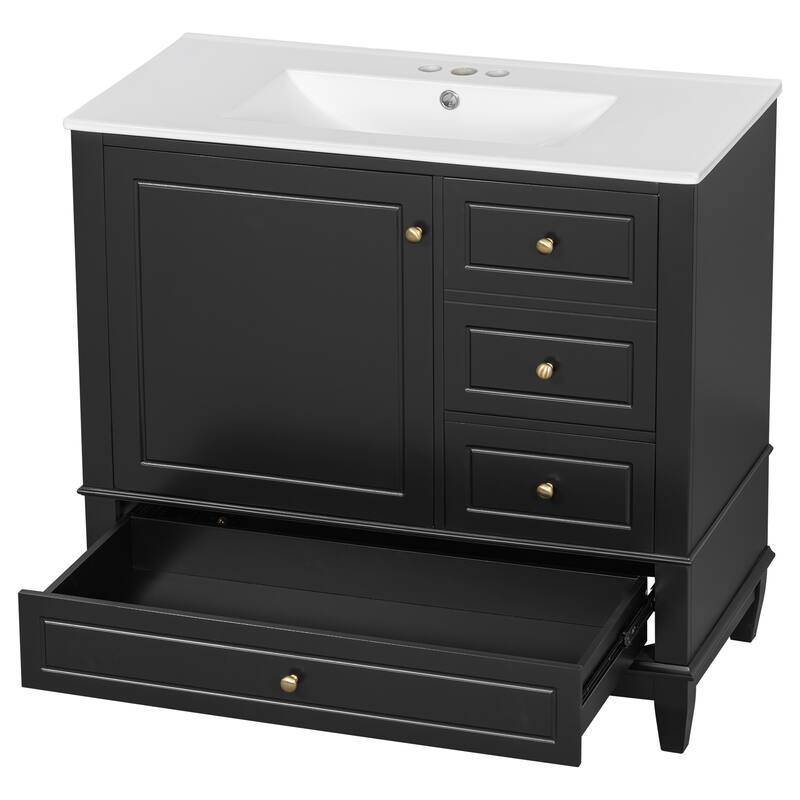 Roomfitters 36" Bathroom Vanity with Ceramic Sink, Solid Wood Frame, 3 Drawers & Soft-Close Door with Racks