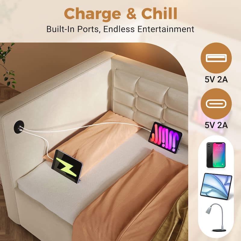 Upholstered Twin Daybed with Hydraulic Storage, USB & Type-C Charging, Velvet Frame with Wooden Slats
