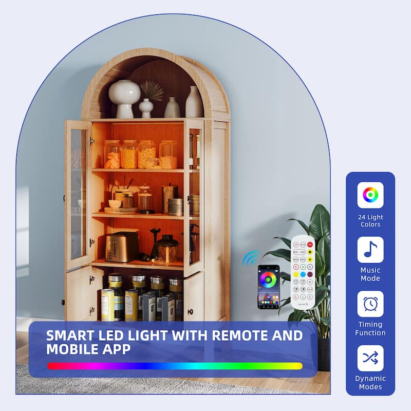 Modern 71" Tall Arched Kitchen Pantry Cabinet with LED Light,Bookcase Cabinet with Storage and Glass Doors