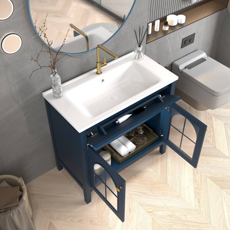 Modern Single Sink Bathroom Vanity Cabinet with Motion-sensor Light Strip & Patterned Glass, Ceramic Integrated Basin