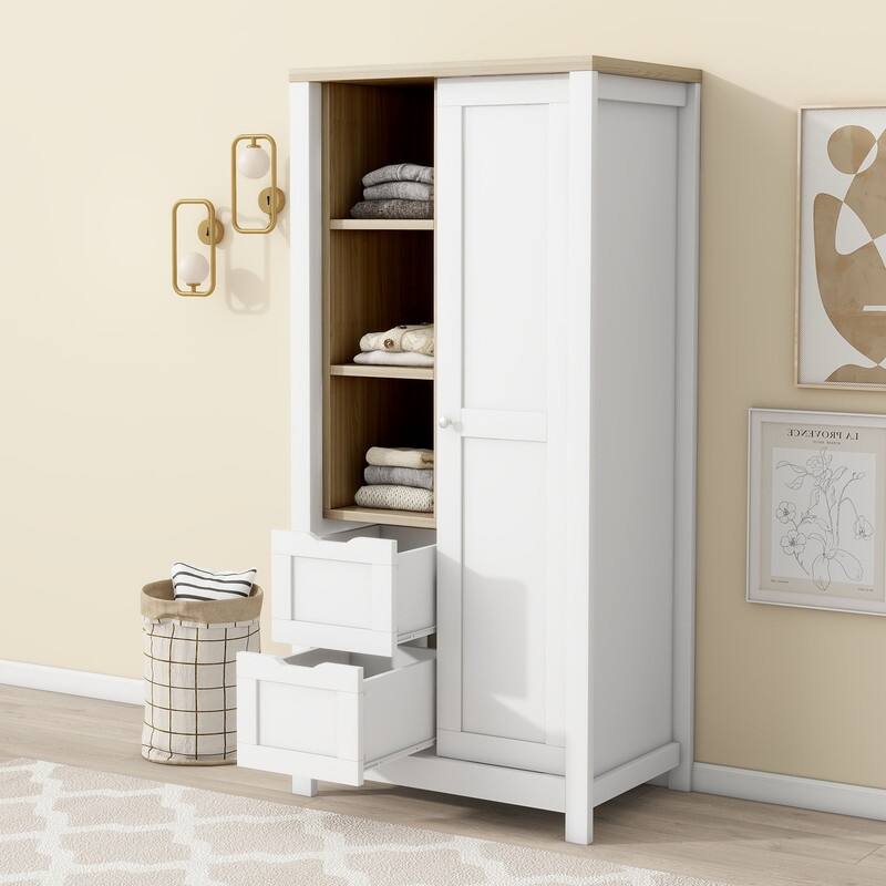 Bedroom Storage Wardrobe with Hanging Rods and 2 Drawers, Armoire Wardrobe Closet with Sliding Door and Open Shelves - White