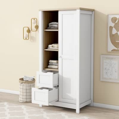 Bedroom Storage Wardrobe with Hanging Rods and 2 Drawers, Armoire Wardrobe Closet with Sliding Door and Open Shelves
