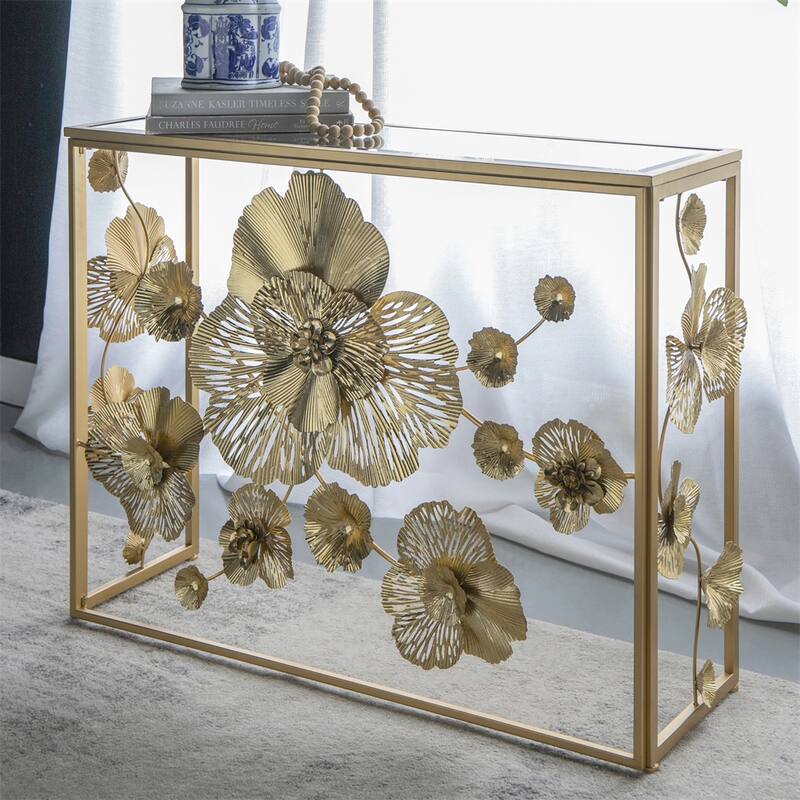 Console Table with Mirrored Glass Top and Dilded Floral Design