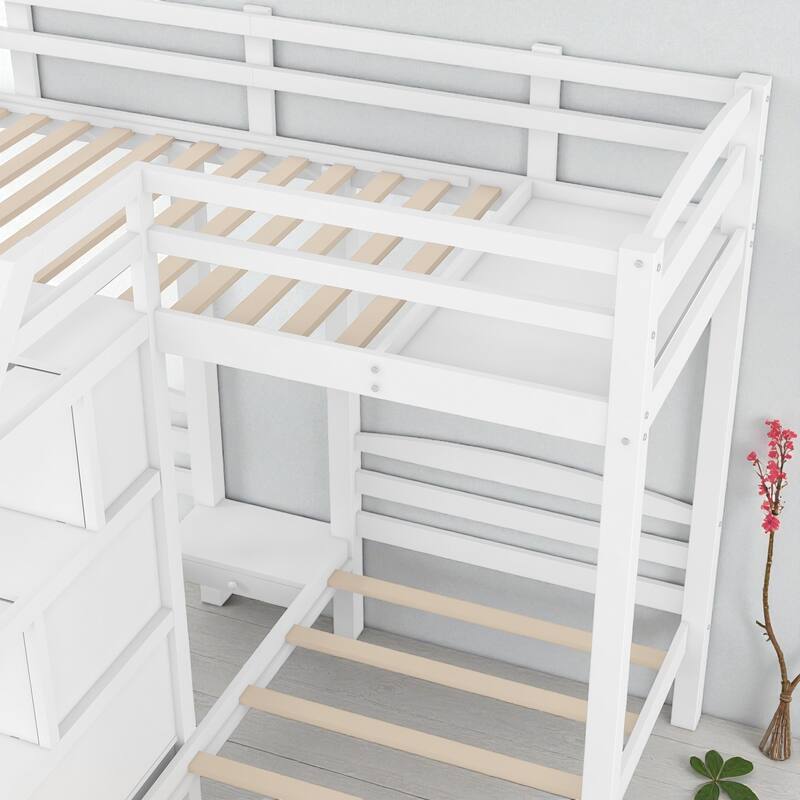 Twin over Twin & Twin Triple Bunk Bed with Built-in Staircase, Storage Drawers, Pine Wood Frame, Space-Saving Design