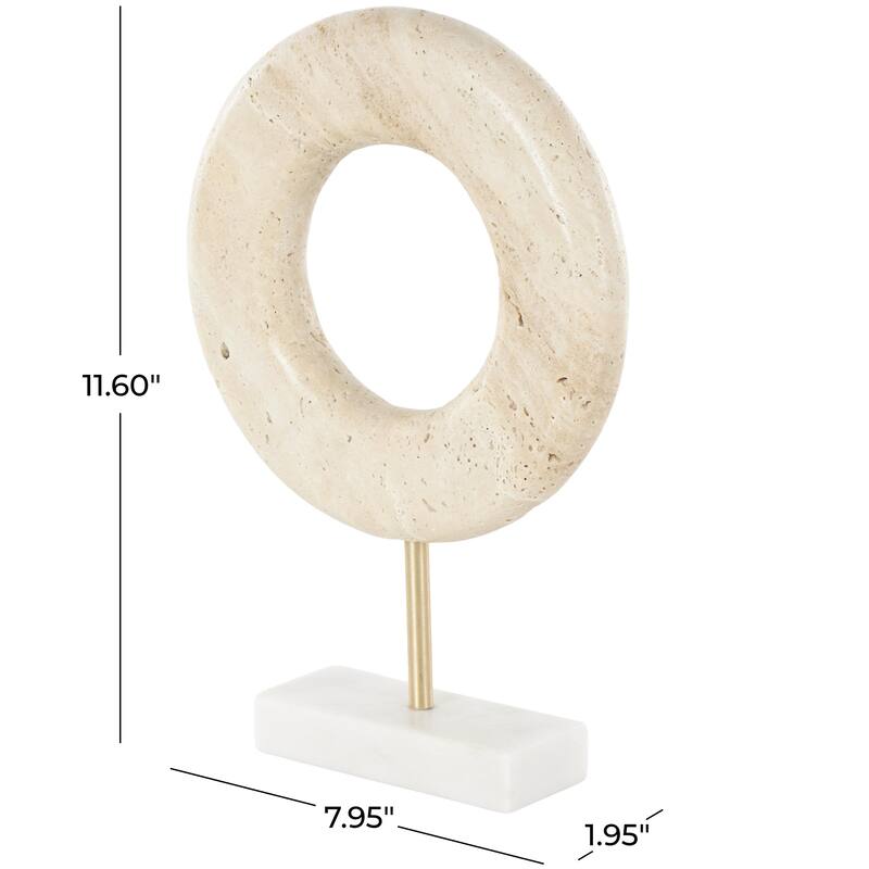 Cream Marble Textured Ring Geometric Decorative Sculpture with White Base and Gold Stand
