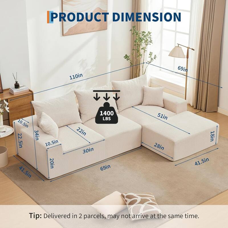 110" Oversized L-Shaped Sectional Sofa with Right Chaise, Cloud Couch with Corduroy & Memory Foam