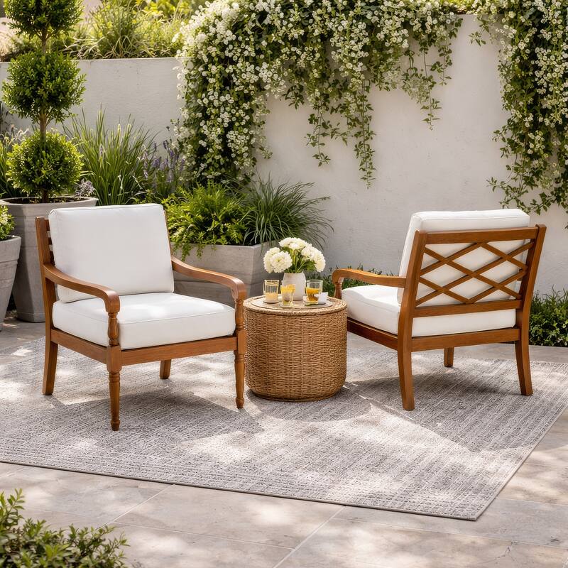 Pena Outdoor Club Armchair Set of 2, White Linen, Brown Acacia Wood