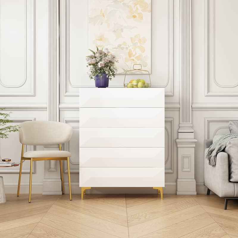 Asymmetrical Drawer Highboy - Chic White Storage Chest with Gold Legs