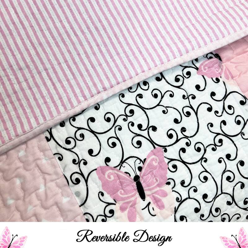 Cozy Line Emerson Pink Butterfly Patchwork Reversible Cotton Quilt Bedding Set