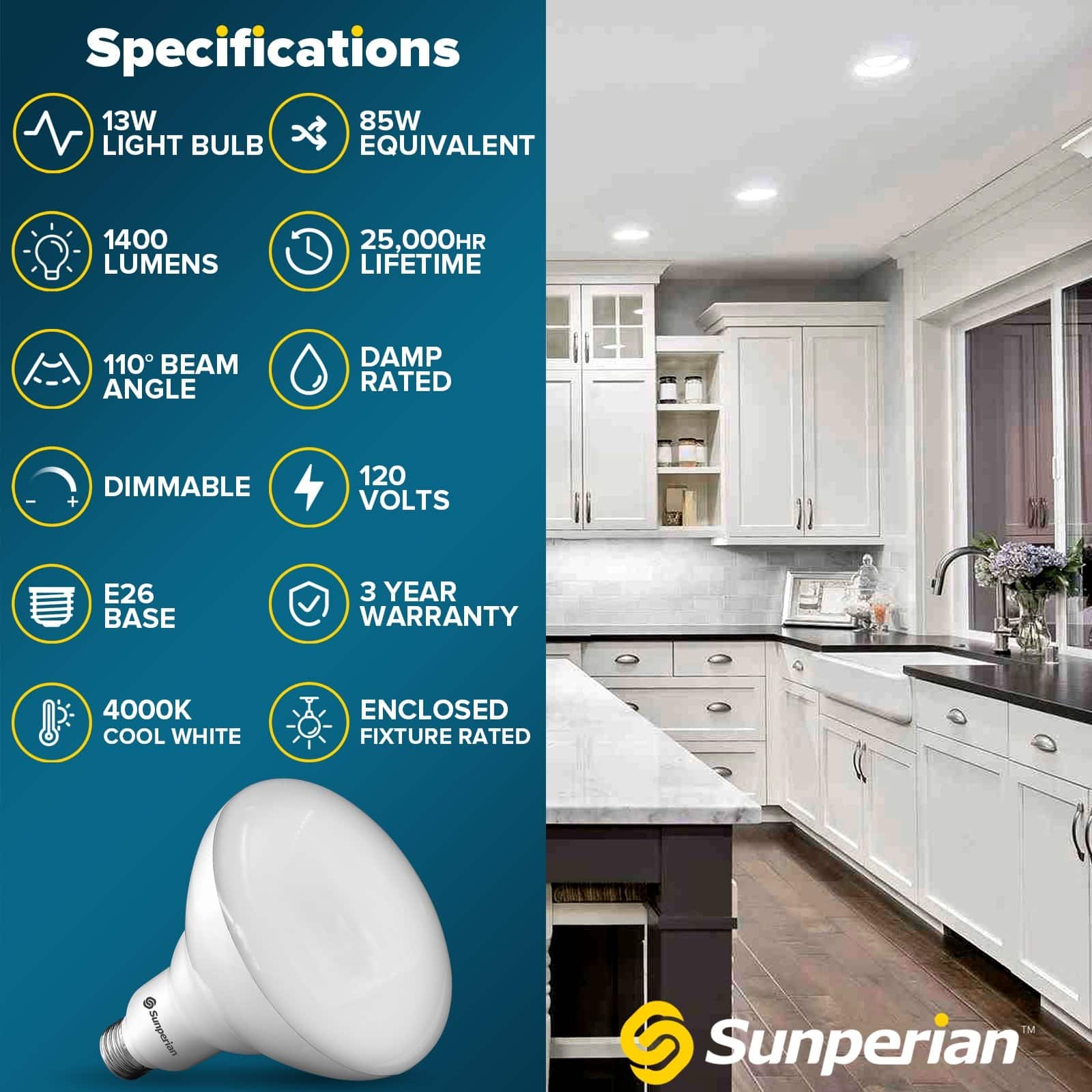 Sunperian BR40 LED Light Bulbs 13W 1400lm Dimmable Flood Enclosed