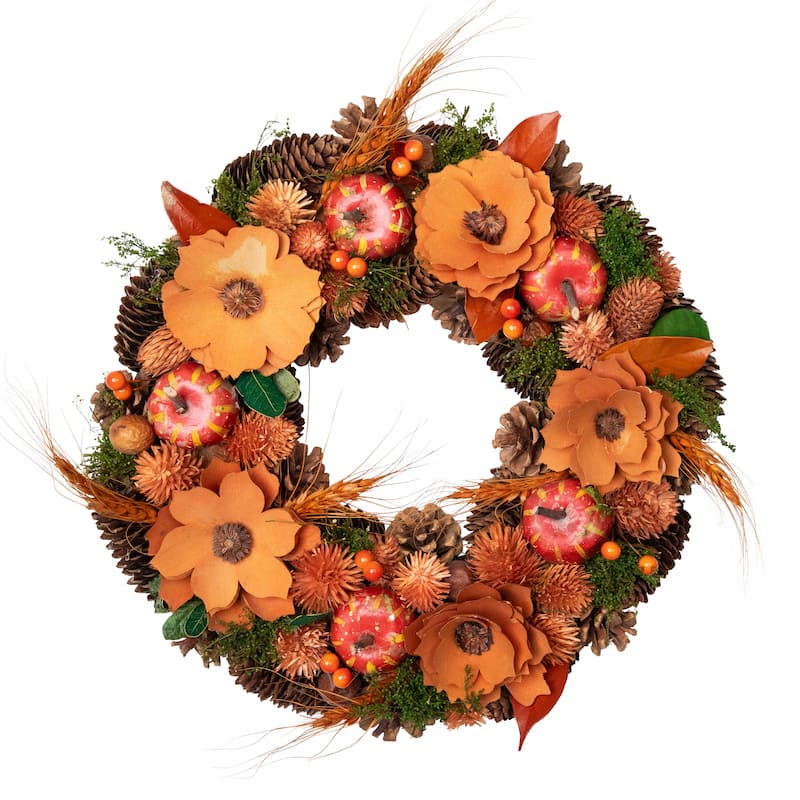 Autumn Harvest Orange Flowers Gourds Pine Cone Wreath 13.25 Inch Unlit