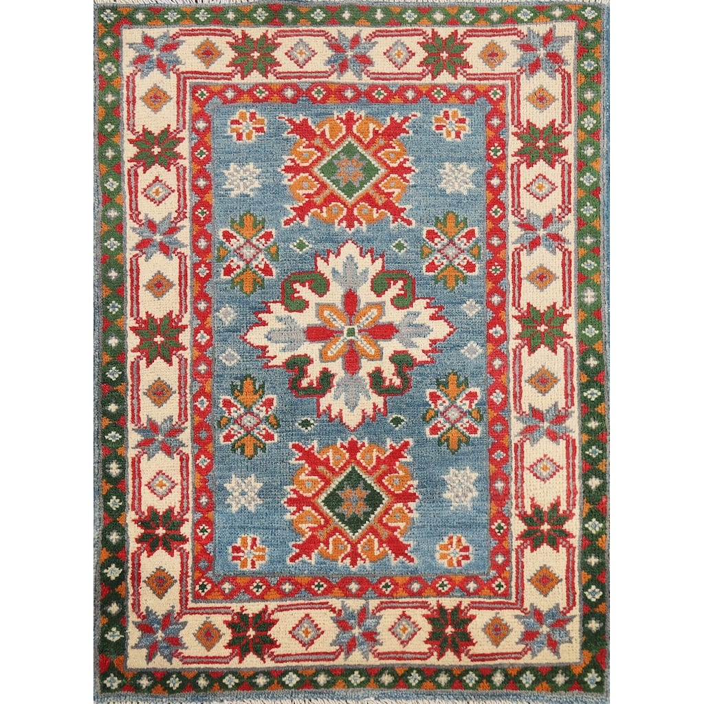 Light Blue Kazak Foyer Rug Hand-Knotted Traditional Wool Carpet - 2'0" x 3'0"