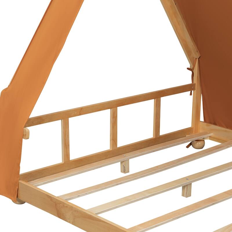 House Bed with Antler Accents Light Tent and Roof Wood Bed Frame