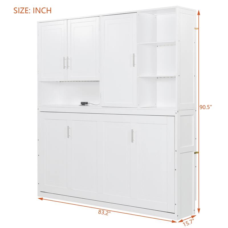 Twin/Full Size Murphy Bed Wall Bed with Top Cabinet, Shelves, Light, USB, and Storage, Space-Saving Foldable Design