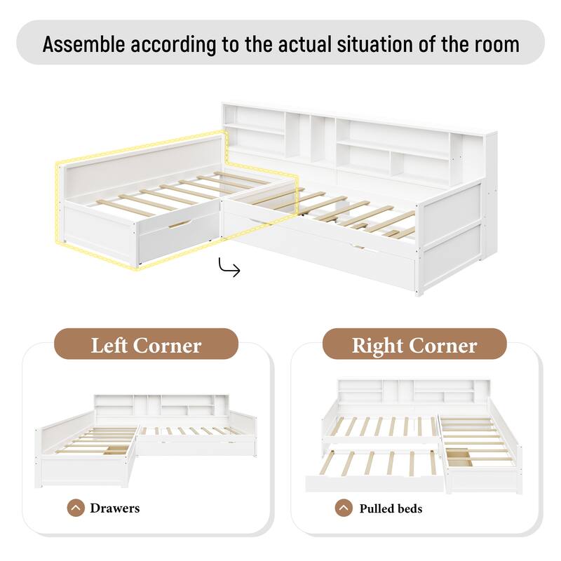 Twin L-Shaped Daybed with Built-In Bookcase, Storage Drawers & Trundle by Harper&Bright Designs