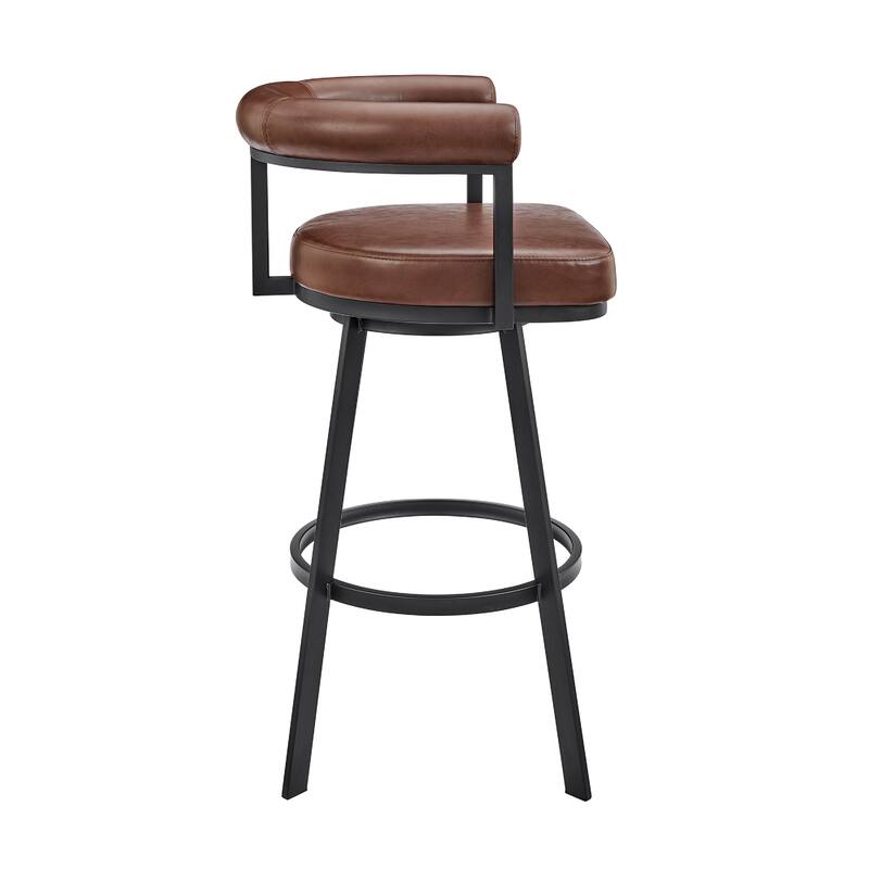 Weni Swivel Barstool Chair, Brown Faux Leather, Black Iron Frame