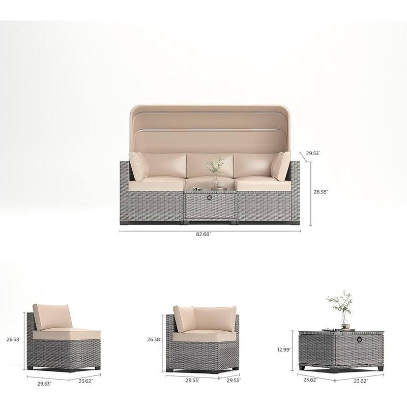 6-Piece PE Rattan Patio Sectional Set, Weather-Resistant Furniture, Retractable Canopy, Adjustable Backrest, Outdoor