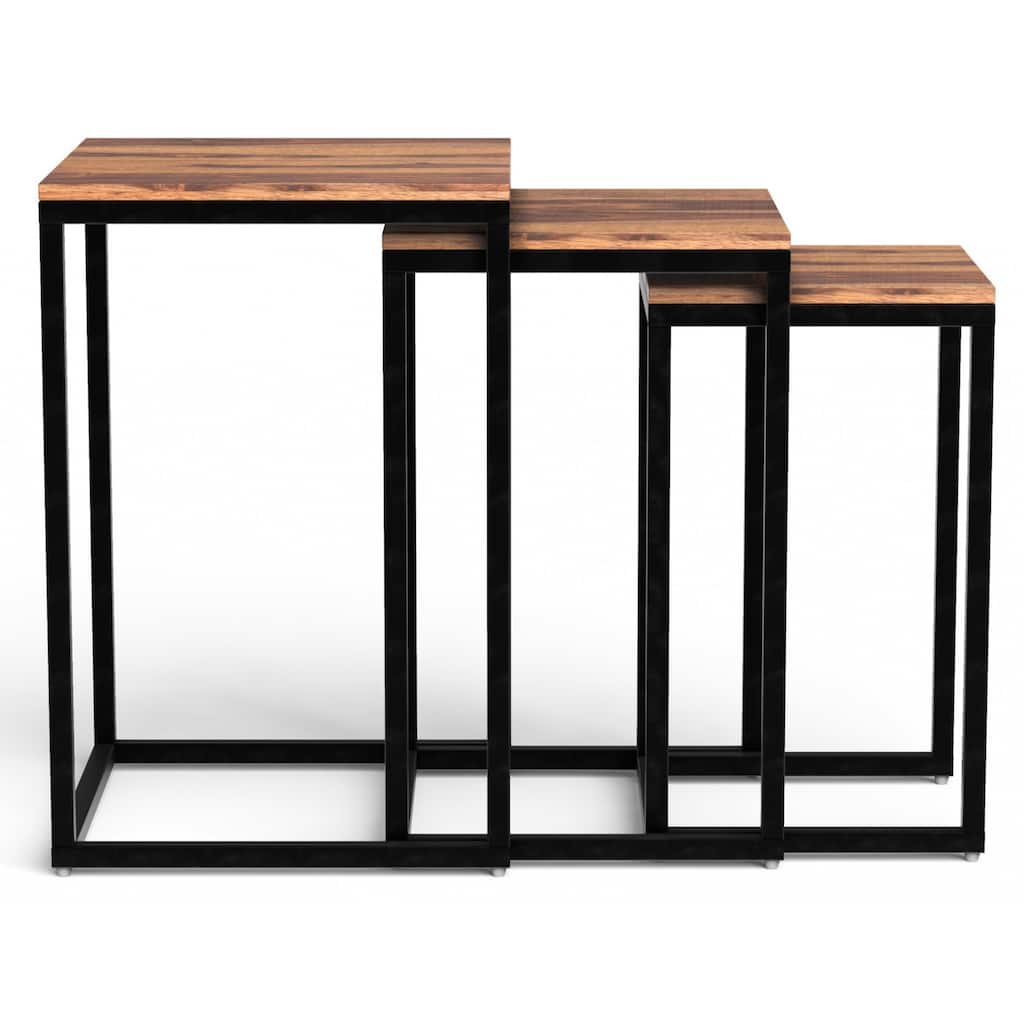 Set of 3 Modern Brown Nesting Side Tables with Solid Wood Tops and Black Metal Base for Living Room - 15.75” x 15.75” x 16.5”